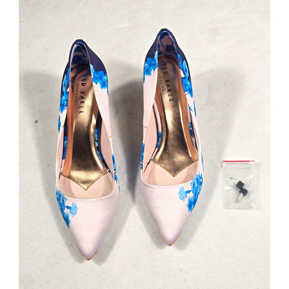 Ted Baker London Floral Pointed Toe Pumps Blue Lavender Rose Gold Heels Sz 39.5